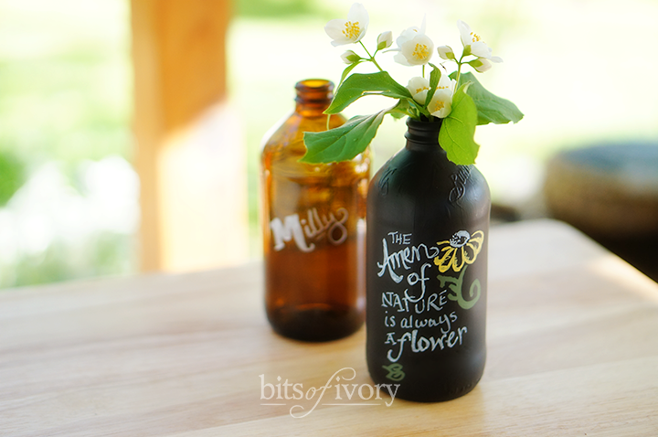 Chalkboard bottles painted with chalkboard paint from bitsofivory.com