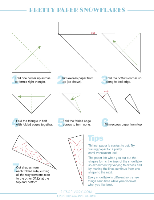 Step by step instructions for paper snowflakes including diagrams. Instructions are also listed on the page below