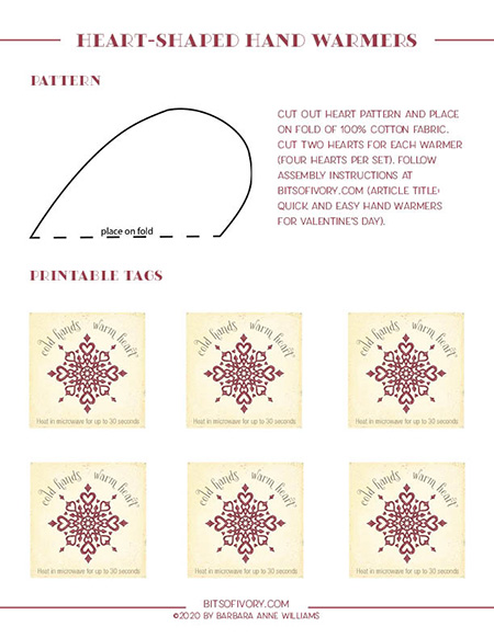 Preview of heart-shaped hand warmers pattern and tags. Click for printable PDF file.