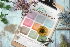 Printable Nature Scavenger Hunt with leaves and flowers