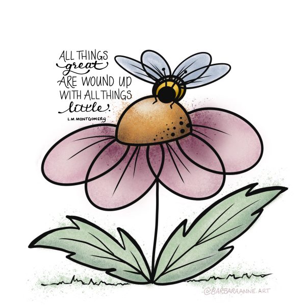 colored coneflower with bee and L.M.Montgomery quote